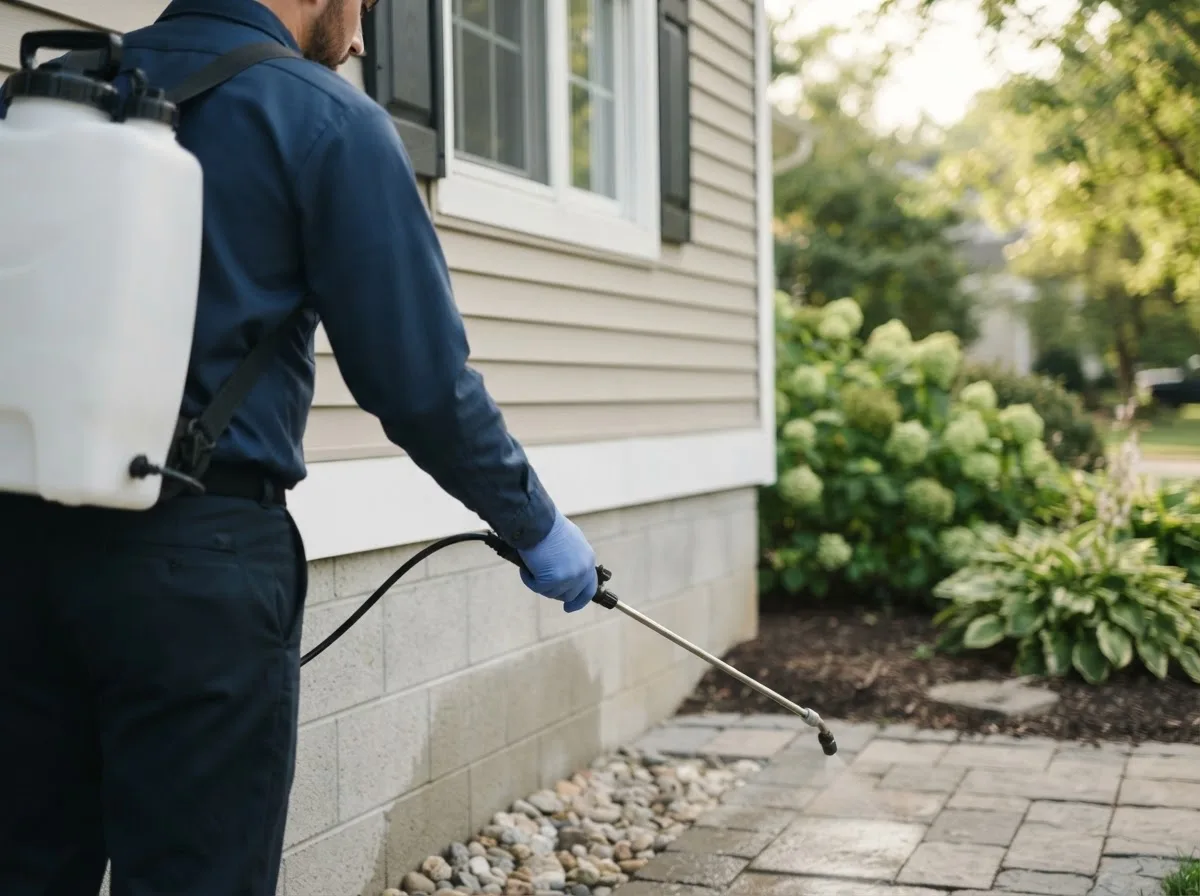 Pest control technician inspecting a home in Ralston, IA